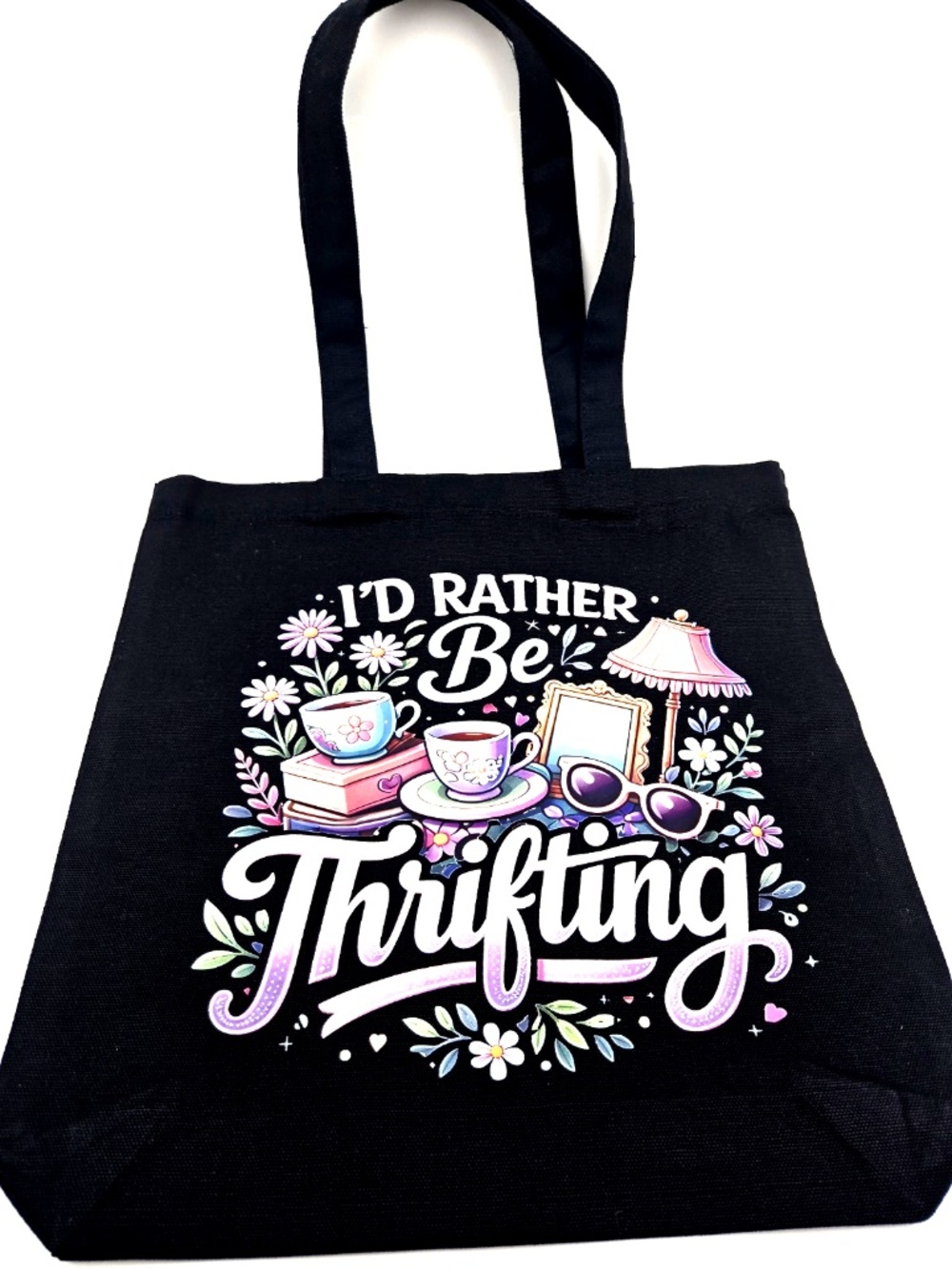 Tote Bag Graphic Canvas Id Rather Be Thrifting Black Carry Handle 13.5x13.5in